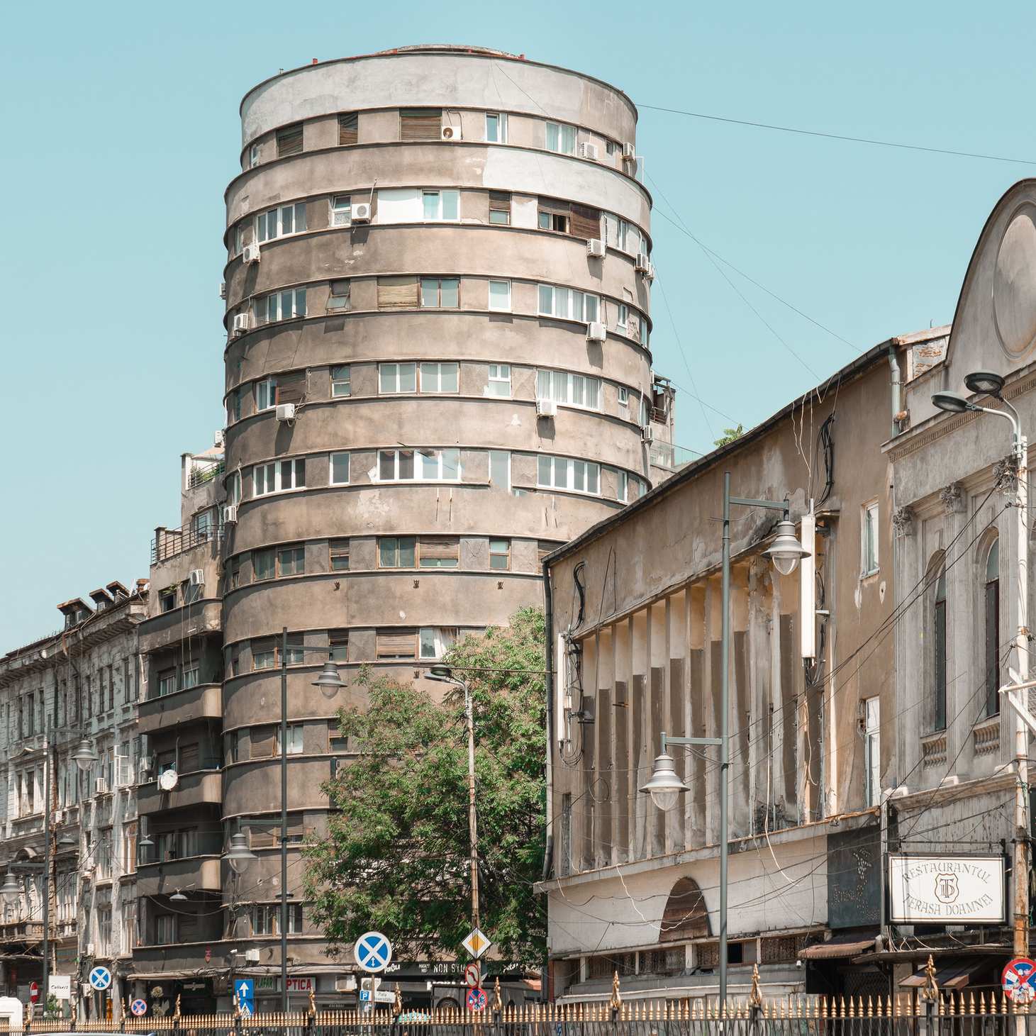 Urban street with modernist commercial building facade in a business district